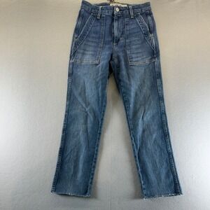 AMO Womens Straight Leg Patch Pocket Utility‎ Jeans Medium Wash Raw Hem Size 25